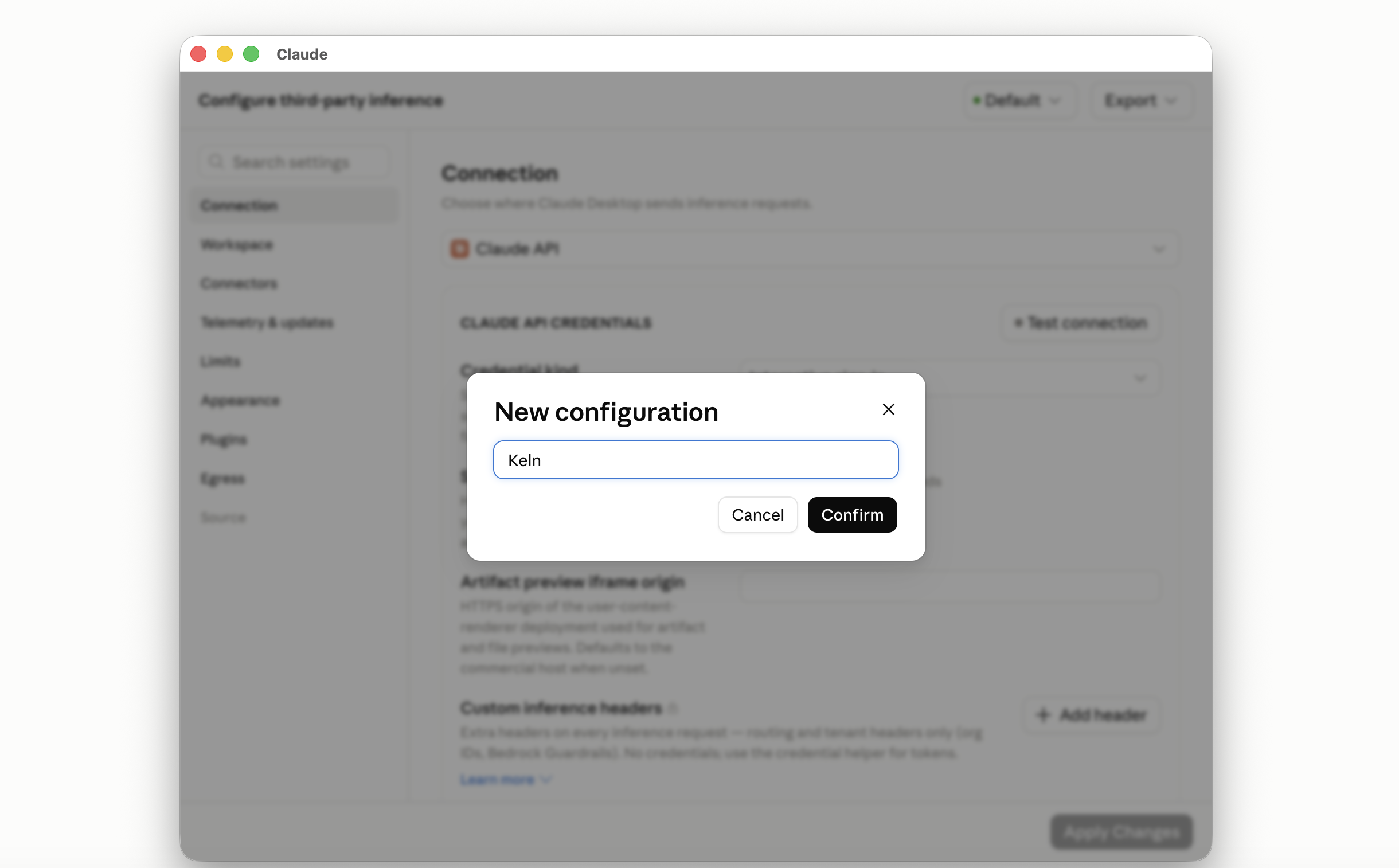 The New configuration dialog with the name Keln typed in