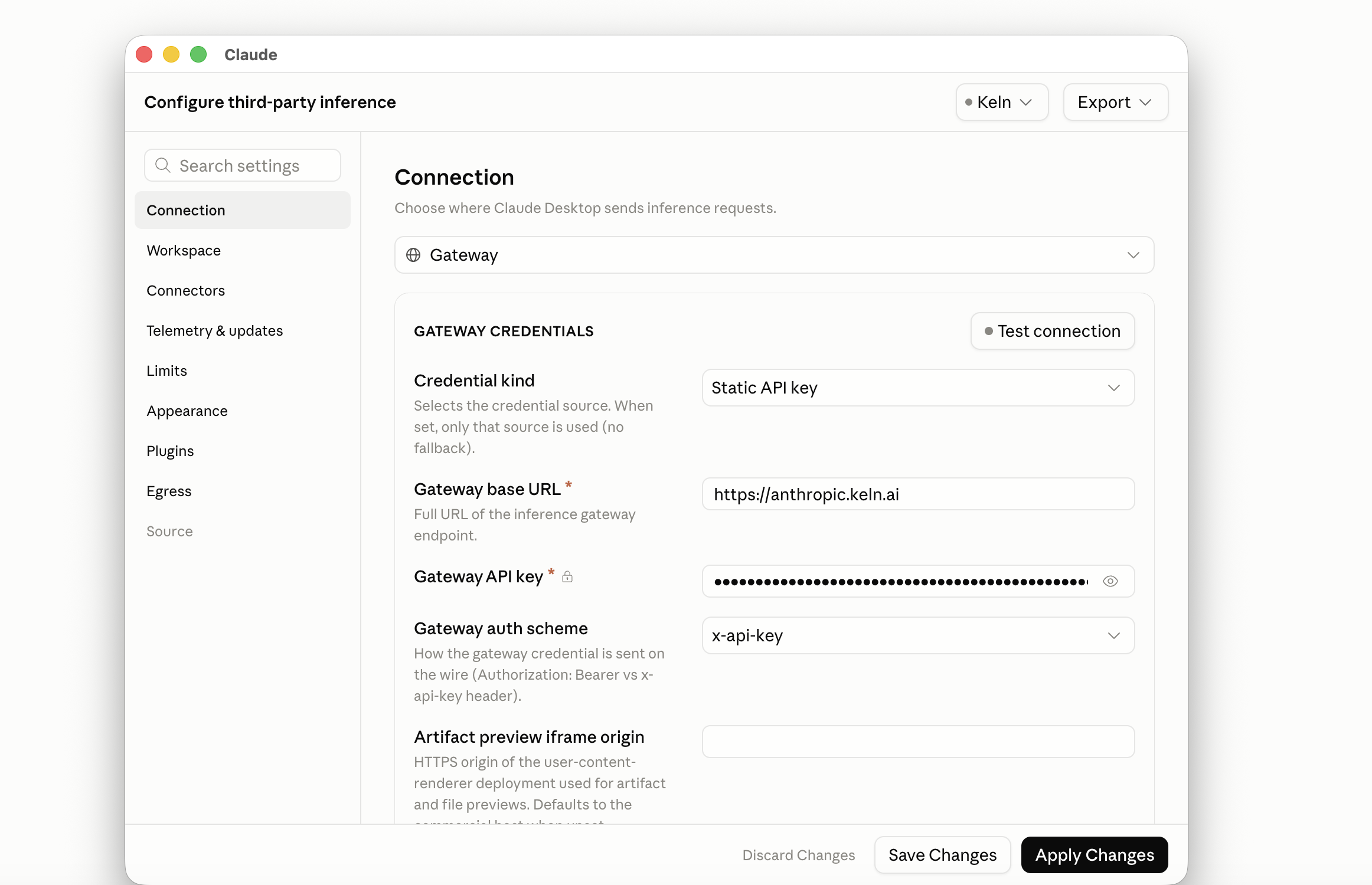 The Keln configuration's Connection page: Gateway, Static API key, https://anthropic.keln.ai, a masked Gateway API key, and x-api-key