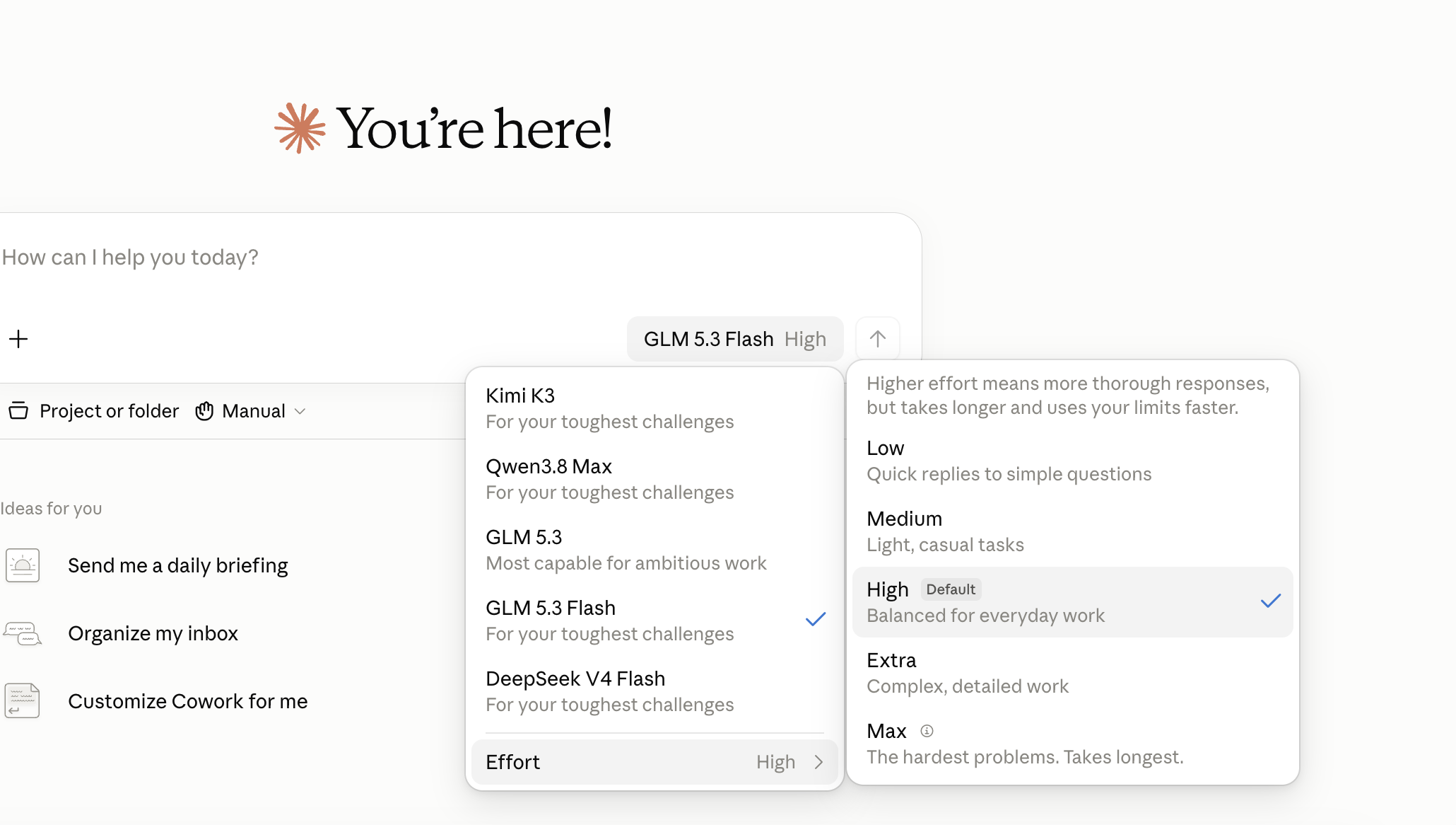 The Effort submenu: Low, Medium, High marked Default, Extra, Max